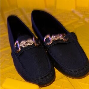 New 9.5. Elegant Black Loafers with Gold Accents Womens